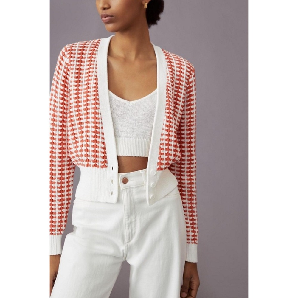 Maeve Anthropologie Preston Orange White Textured Cropped Cardigan Sweater M - Picture 1 of 7